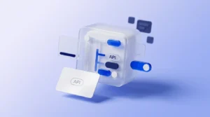 Cube de verre dépoli translucide avec interface abstraite de barres de connexion.