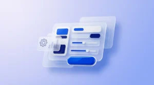 Panneau de verre translucide flottant, affichant des blocs d'interface abstraits et des curseurs.