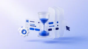 Sablier en verre dépoli au sable bleu électrique, devant quatre panneaux de verre flottants.