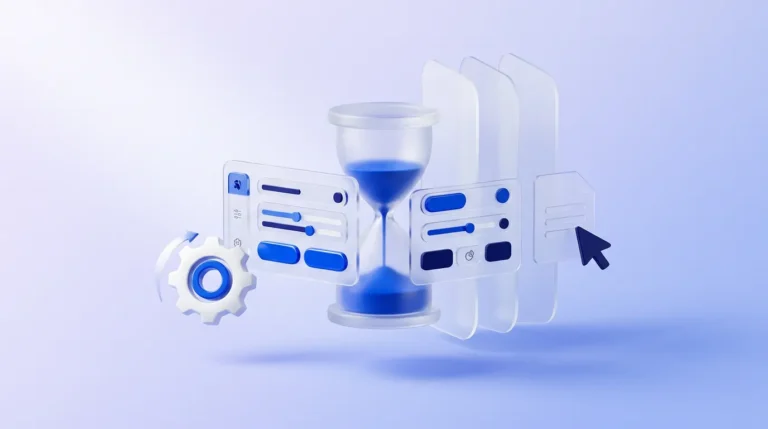 Sablier en verre dépoli au sable bleu électrique, devant quatre panneaux de verre flottants.
