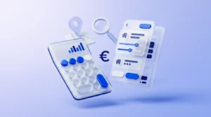 Calculatrice transparente avec touches en verre et barres de prix abstraites sur l'écran.