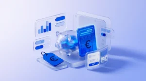 Tirelire transparente en verre dépoli, calculatrice bleue lumineuse et panneaux de verre flottants.