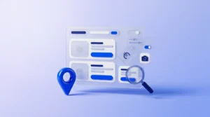 Panneau de verre dépoli affichant des cartes d'annonces abstraites aux coins arrondis.