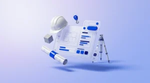 Tablette en verre translucide affichant des plans abstraits et une barre de progression.