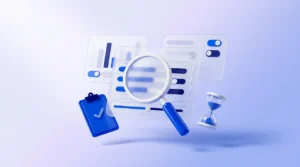 Loupe survolant des panneaux d’interface avec indicateurs de qualité, entourée d’un sablier bleu et d’un presse-papiers validé.