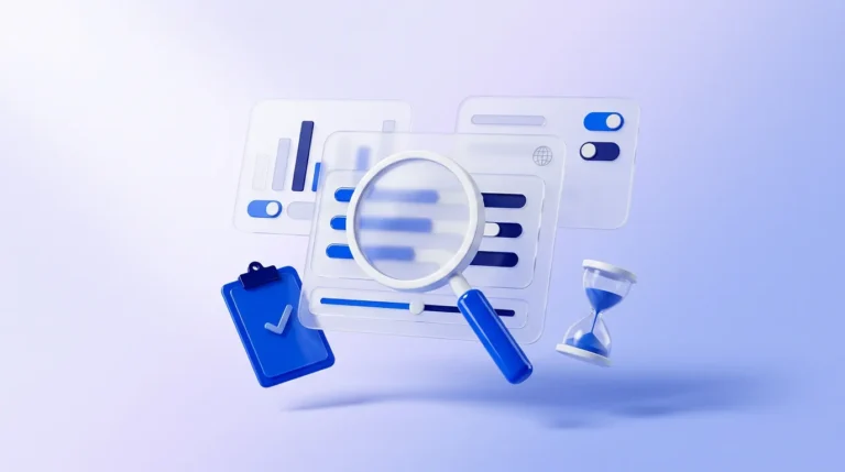Loupe survolant des panneaux d’interface avec indicateurs de qualité, entourée d’un sablier bleu et d’un presse-papiers validé.