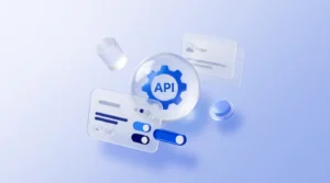 Sphère de verre translucide flottante contenant une icône d'engrenage API bleue abstraite.