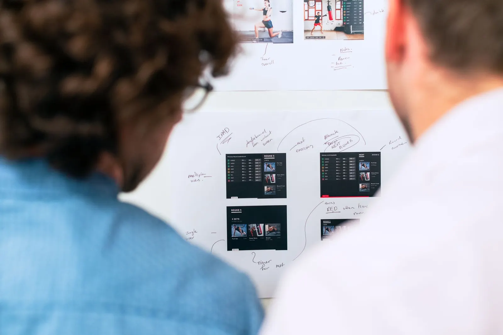 Équipe d'experts travaillant sur la conception d'une application Flutter sur des écrans