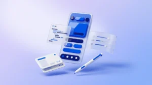 Dalle de verre givré en forme de smartphone, interface bleue laquée abstraite.