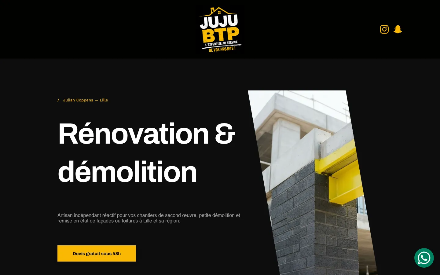 Capture sur ordinateur du site de Juju BTP, artisan à Lille