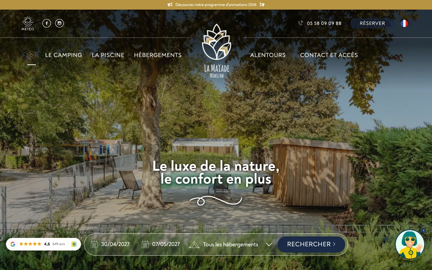 Capture sur ordinateur du site de Camping La Maïade, camping à Mimizan