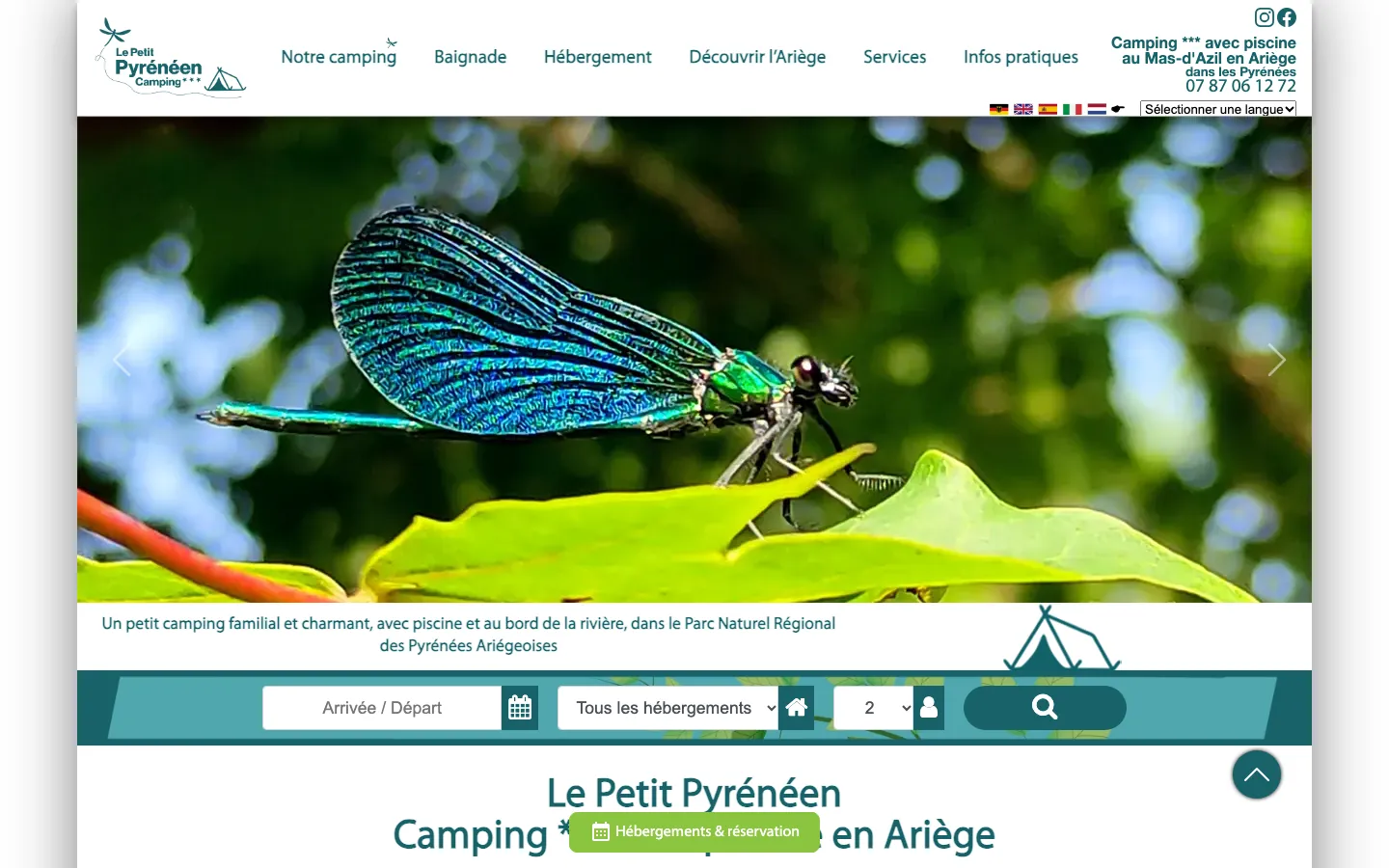 Capture sur ordinateur du site de Camping Le Petit Pyrénéen, camping à Le Mas-d’Azil