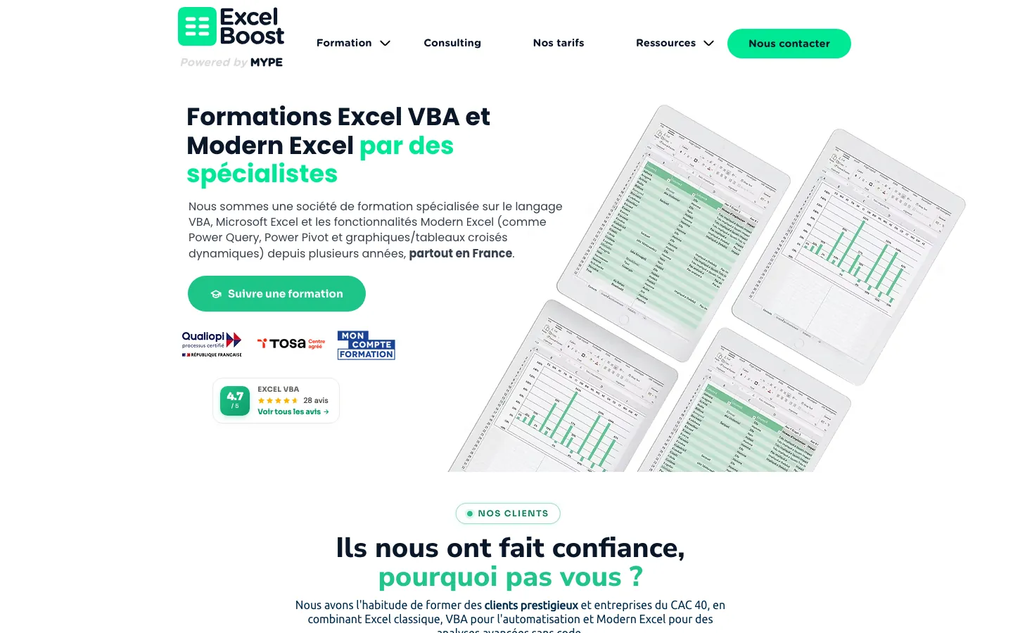 Capture sur ordinateur du site de Excel Boost, organisme de formation à Paris