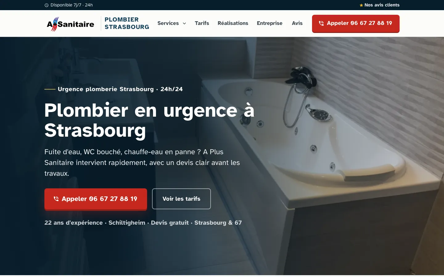 Capture sur ordinateur du site de A Plus Sanitaire, plombier à Strasbourg
