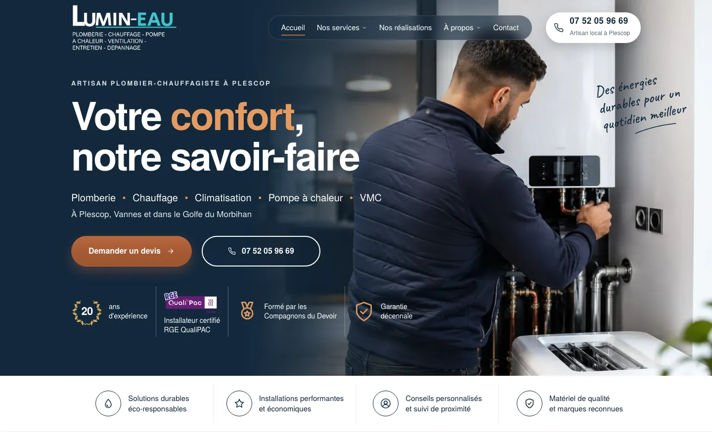 Capture sur ordinateur du site de Lumin-Eau, plombier à Plescop, près de Vannes