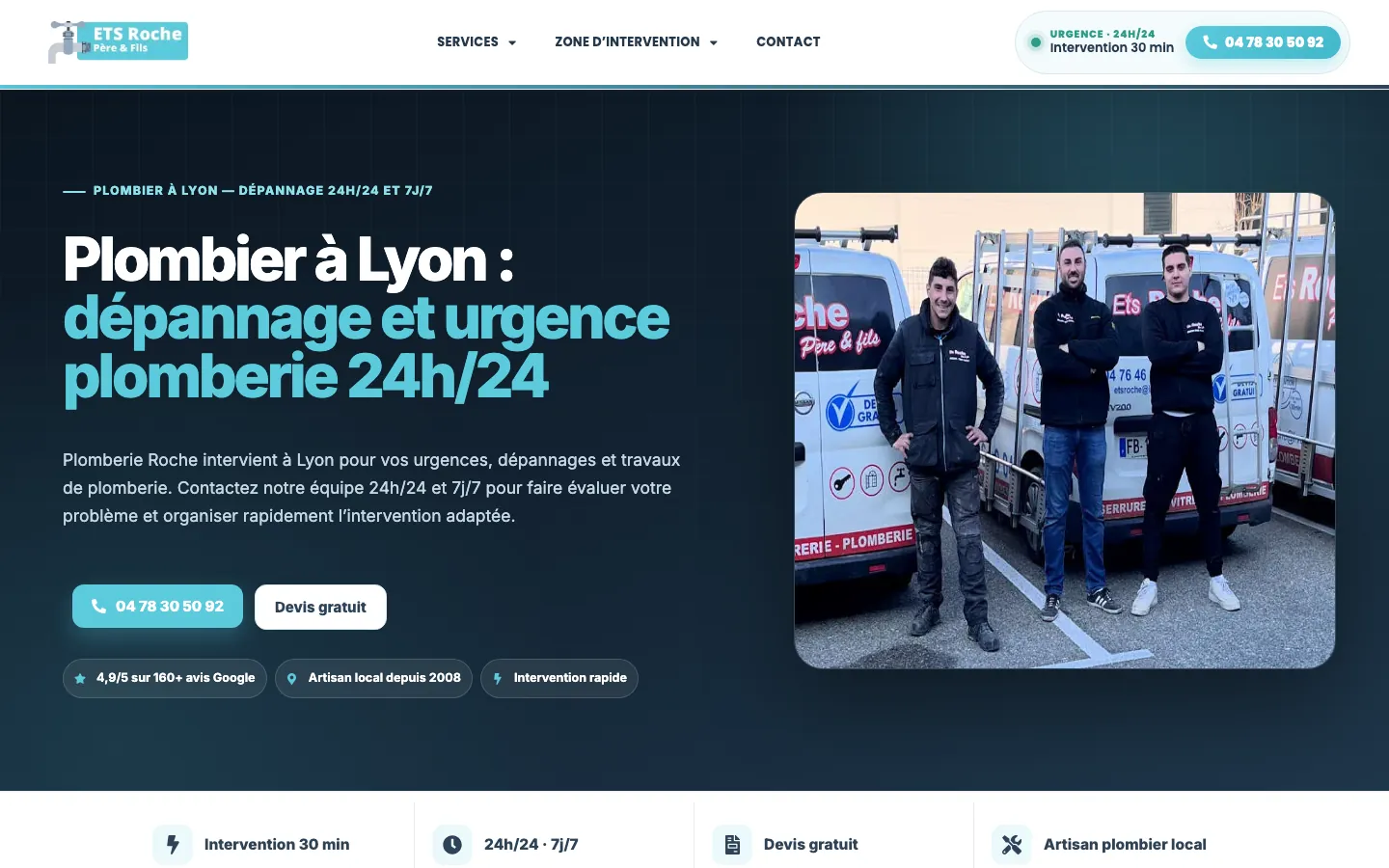 Capture sur ordinateur du site de ETS Roche, plombier à Lyon