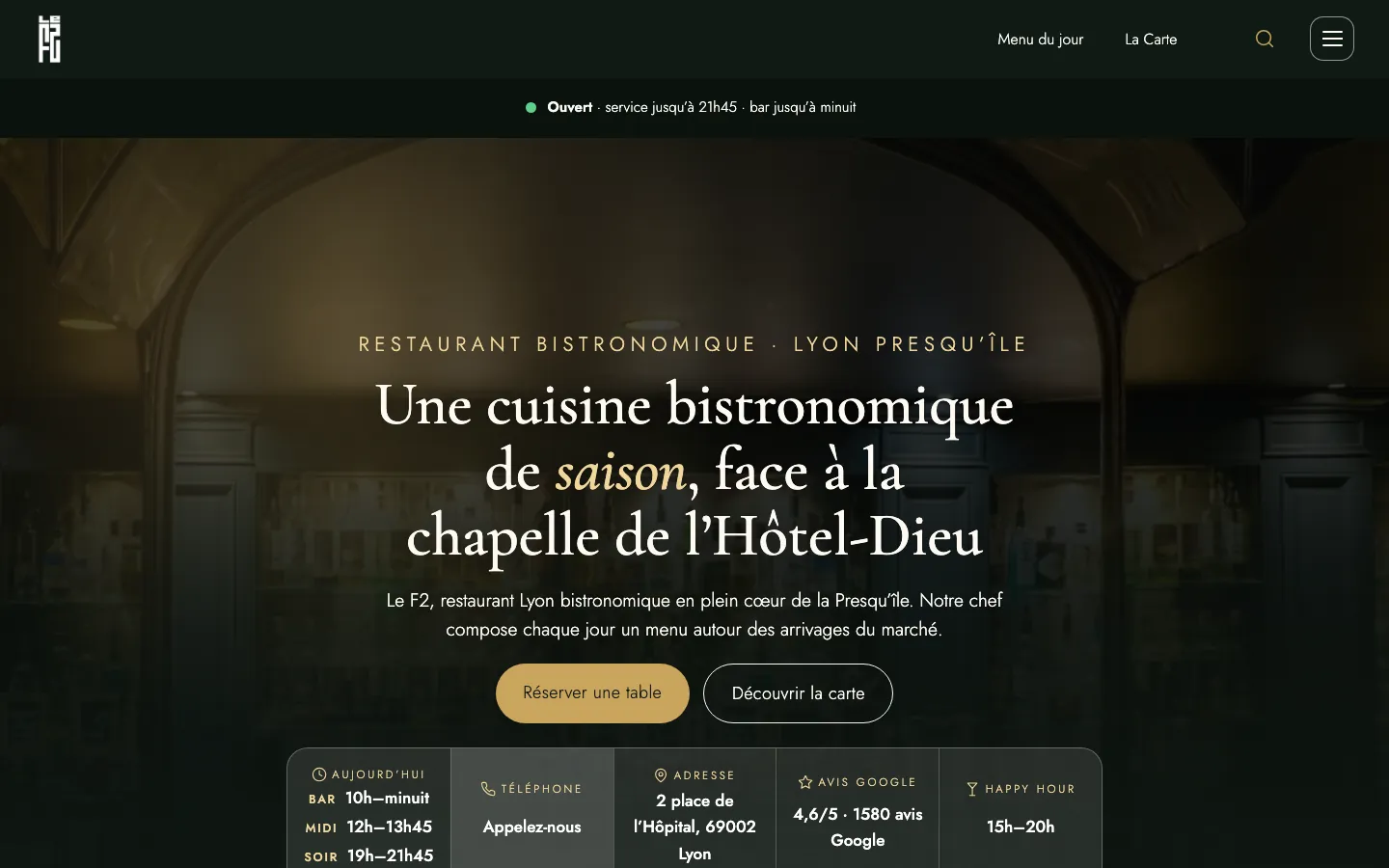 Capture sur ordinateur du site de Le F2, restaurant à Lyon, Presqu’île