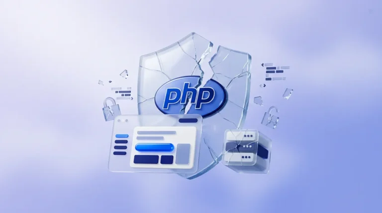 Bouclier de verre translucide fissuré avec le logo PHP bleu lumineux au centre.