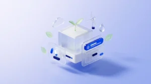 Un cube serveur translucide abrite une pousse verte, entouré de feuilles, nuages, éolienne et goutte d'eau, symbolisant une technologie basse consommation.