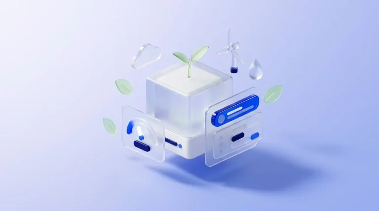 Un cube serveur translucide abrite une pousse verte, entouré de feuilles, nuages, éolienne et goutte d'eau, symbolisant une technologie basse consommation.