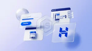 Logo Node.js en verre dépoli entre un panneau de déploiement bleu et un éditeur de code translucide, sur fond de globe discret.