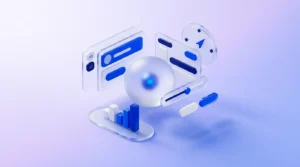 Sphère de verre dépoli au cœur bleu lumineux, entourée de panneaux d’interface flottants et d’un graphique à barres.