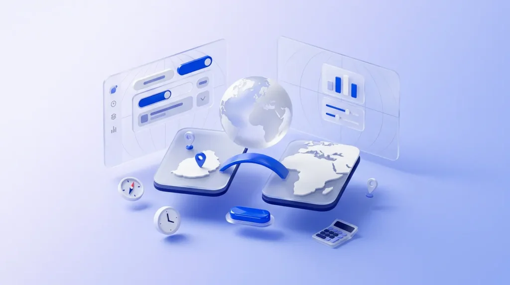 Un globe givré central surplombe des panneaux de verre incurvés reliés par un pont bleu, entouré d’épingles, d’une boussole et de cartes translucides.