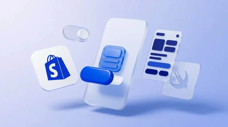 Panneau en verre dépoli en forme de téléphone, bouton bleu « React Native » se détachant, entouré d'écrans flottants et d'un interrupteur en arrière-plan.