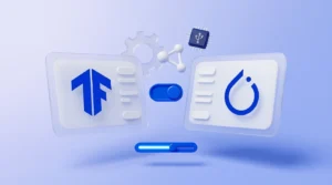 Deux panneaux vitrés aux interfaces abstraites encadrent un interrupteur bleu électrique, évoquant pipelines de production et deep learning.
