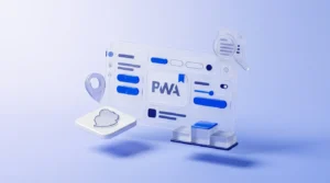 Panneau de verre dépoli affichant des barres d'interface et des boutons de PWA flottants.