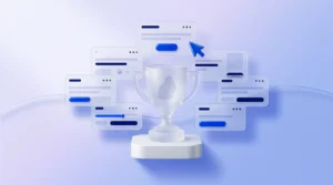 Trophée en verre dépoli orné d’une carte de Maurice, entouré de panneaux translucides flottants évoquant classements et océan.