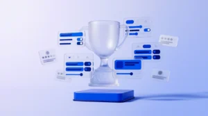 Trophée en verre dépoli avec un emblème W subtil, entouré de cinq petits trophées.