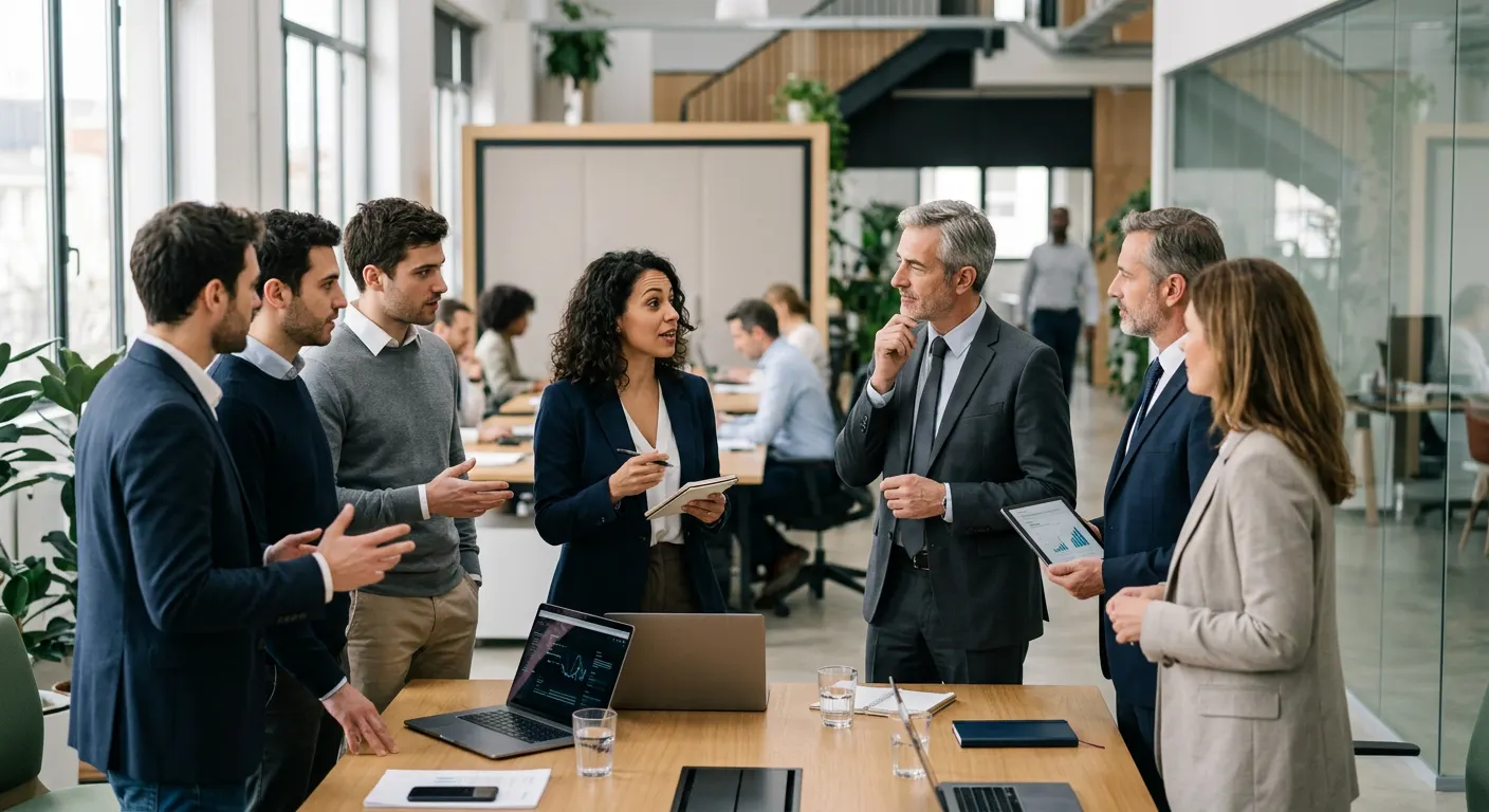 Deux groupes de professionnels, l'un représentant une startup, l'autre une entreprise établie, discutant de l'IA