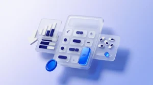 Calculatrice givrée à touche égale bleue, panneaux translucides avec graphiques et flèche descendante, jeton bleu brillant évoquant la réduction des coûts.