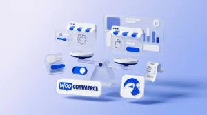 Balance en verre dépoli comparant une boutique en ligne et un panier, entourée de fiches produits et d’un reçu flottants.