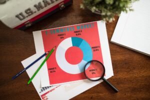 Graphiques de données e-commerce vus de dessus avec une loupe sur une table en bois.