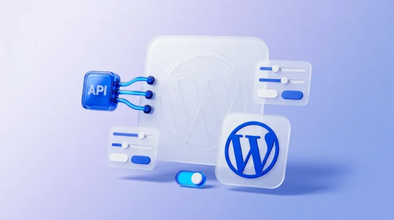 Panneau WordPress givré central relié à un nœud API bleu électrique par trois flux de données lumineux.